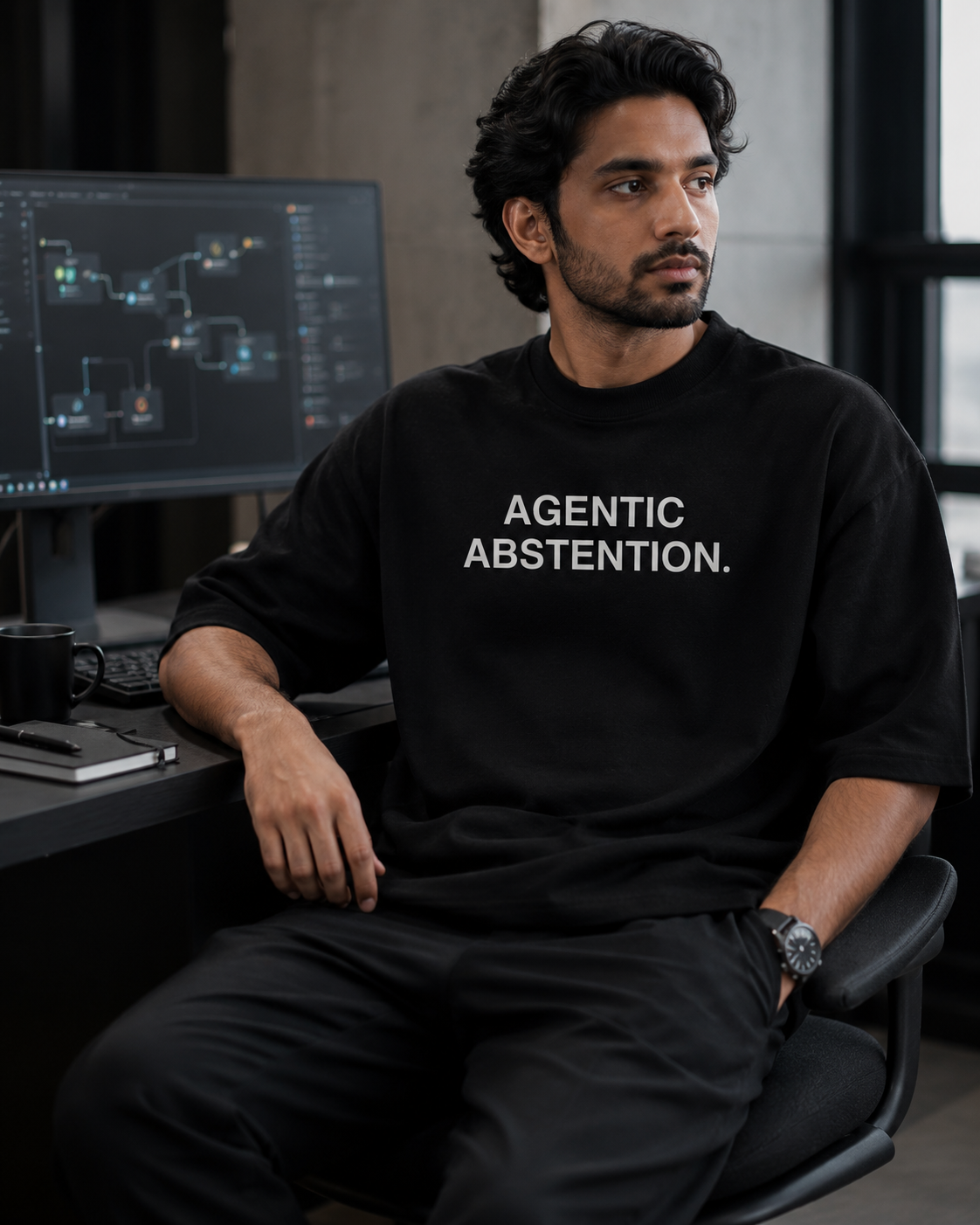 AGENTIC ABSTENTION. black oversized terry t-shirt by BYTWEAR - worn by model in AI agent workspace