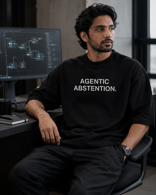 AGENTIC ABSTENTION. black oversized terry t-shirt by BYTWEAR - worn by model in AI agent workspace