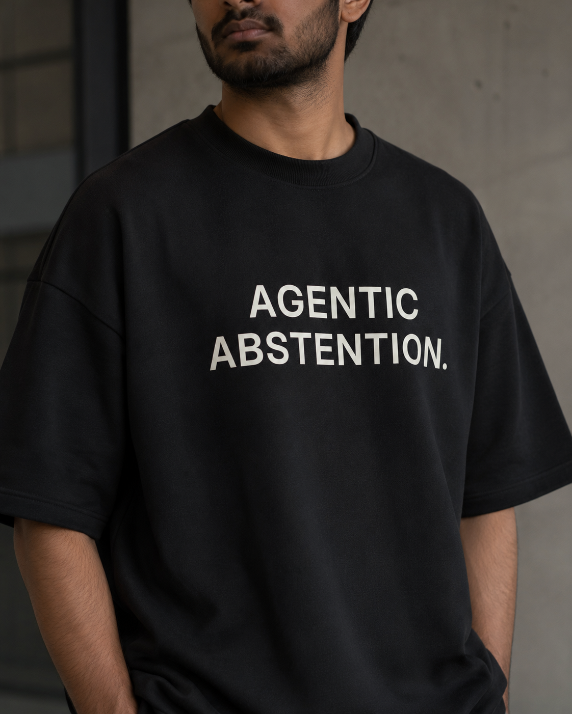 AGENTIC ABSTENTION. black oversized terry t-shirt by BYTWEAR - oversized fit detail