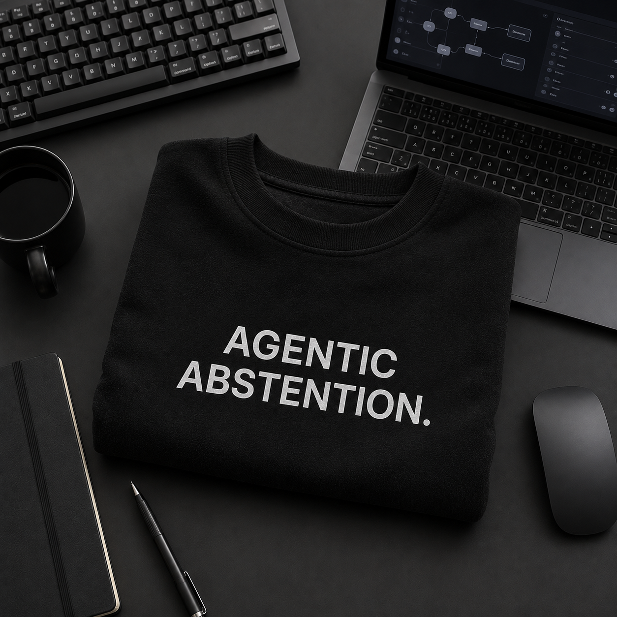 AGENTIC ABSTENTION. black oversized terry t-shirt by BYTWEAR - flat lay on developer desk