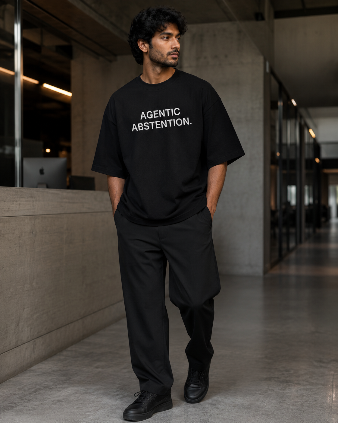 AGENTIC ABSTENTION. black oversized terry t-shirt by BYTWEAR - worn by model