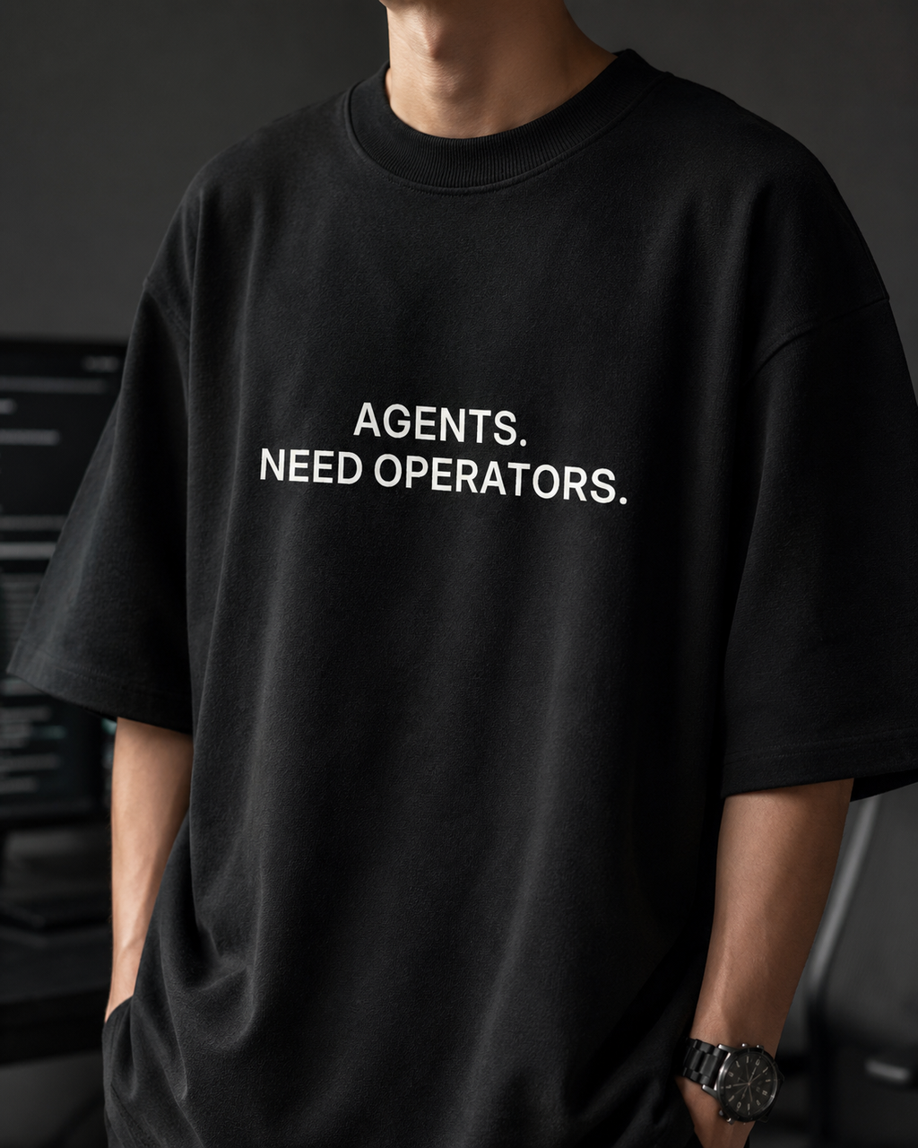 AGENTS. NEED OPERATORS. black oversized terry t-shirt by BYTWEAR - fabric and print detail