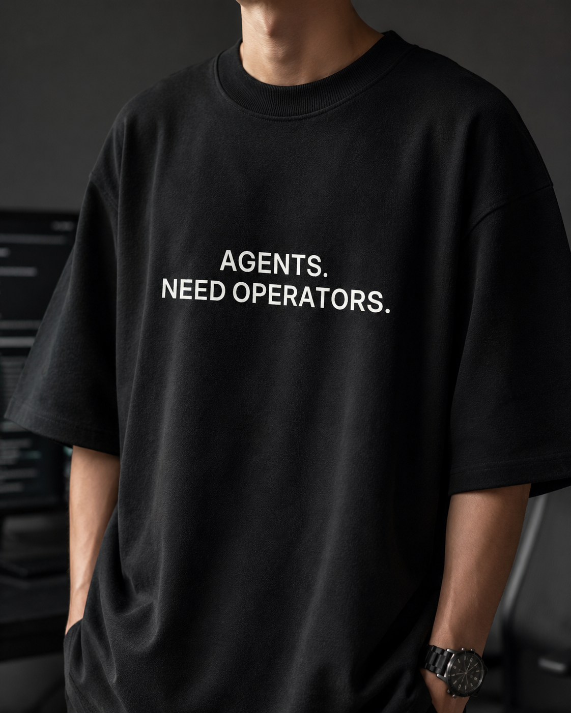 AGENTS. NEED OPERATORS. black oversized terry t-shirt by BYTWEAR - fabric and print detail