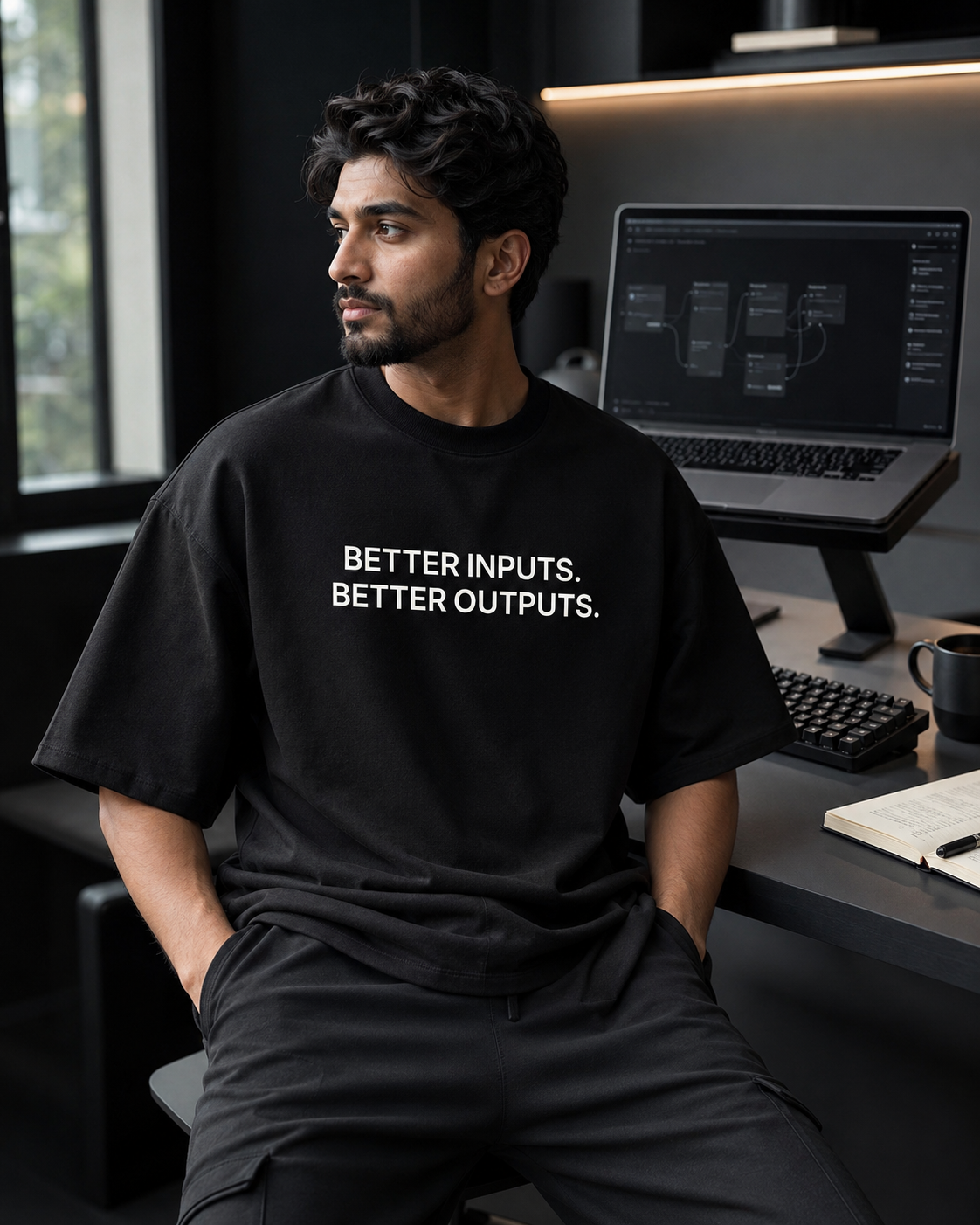 BETTER INPUTS. BETTER OUTPUTS. black oversized terry t-shirt by BYTWEAR - worn by model