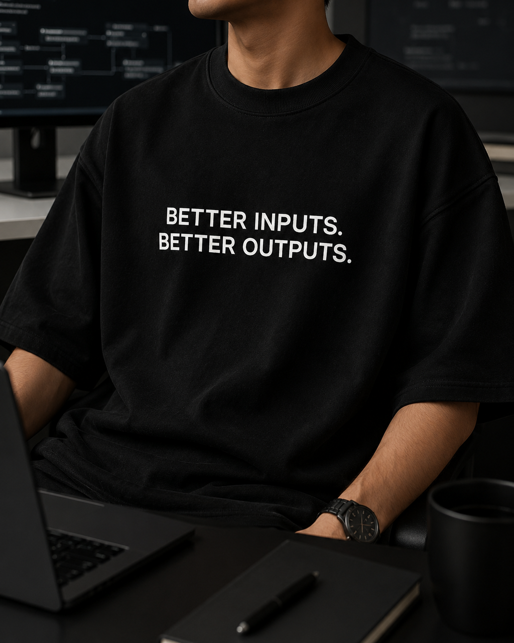 BETTER INPUTS. BETTER OUTPUTS. black oversized terry t-shirt by BYTWEAR - fabric and print detail