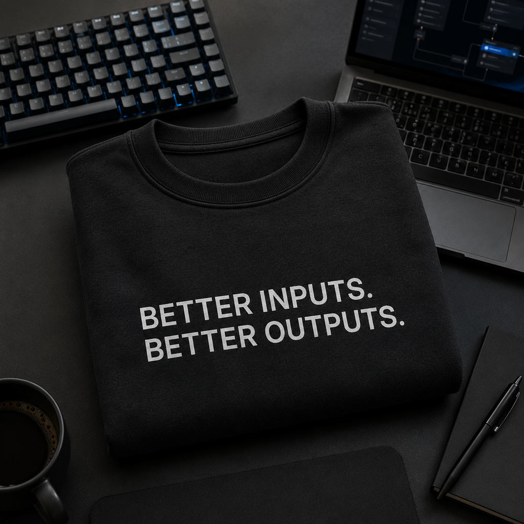 BETTER INPUTS. BETTER OUTPUTS. black oversized terry t-shirt by BYTWEAR - worn by model