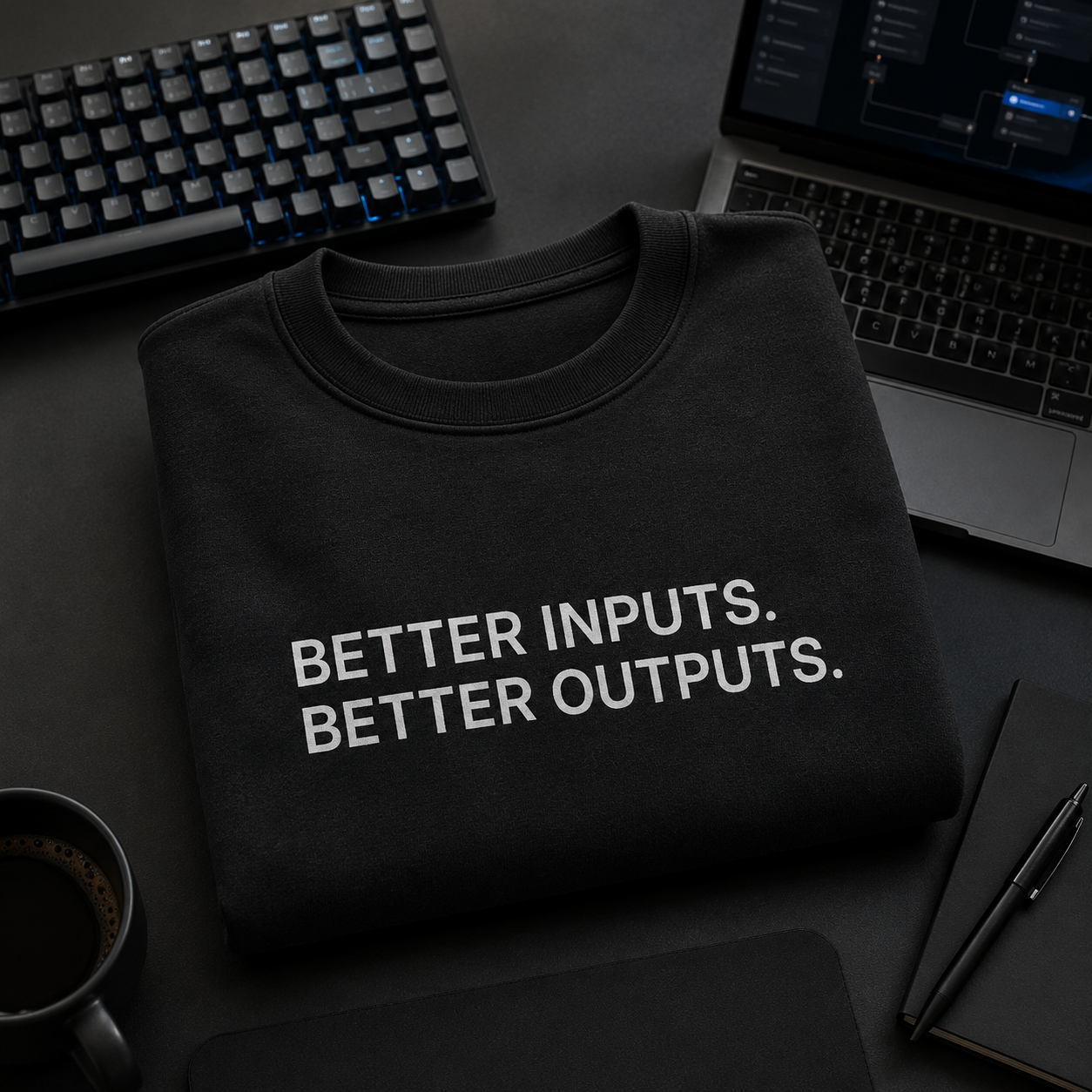 BETTER INPUTS. BETTER OUTPUTS. black oversized terry t-shirt by BYTWEAR - worn by model