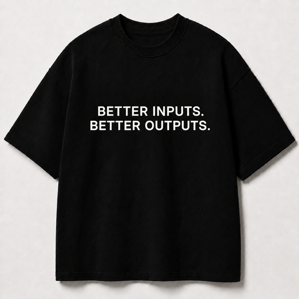 BETTER INPUTS. BETTER OUTPUTS. black oversized terry t-shirt by BYTWEAR - front view