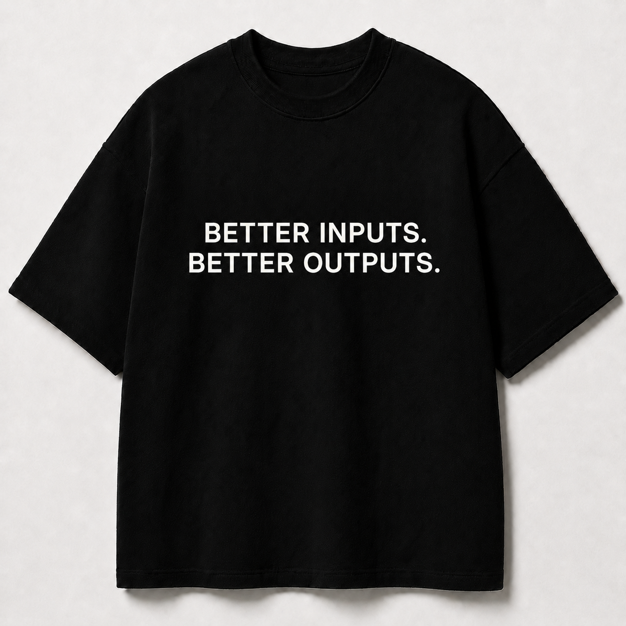BETTER INPUTS. BETTER OUTPUTS. black oversized terry t-shirt by BYTWEAR - front view
