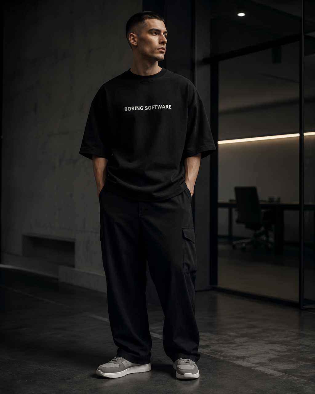 Man wearing a black t-shirt with 'Boring Software' text in a dark room.