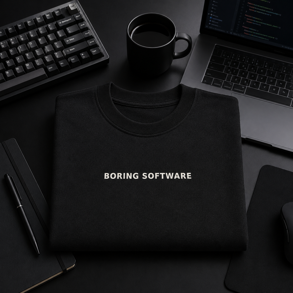 Black sweatshirt with 'BORING SOFTWARE' text on a desk with laptop, keyboard, and mug.