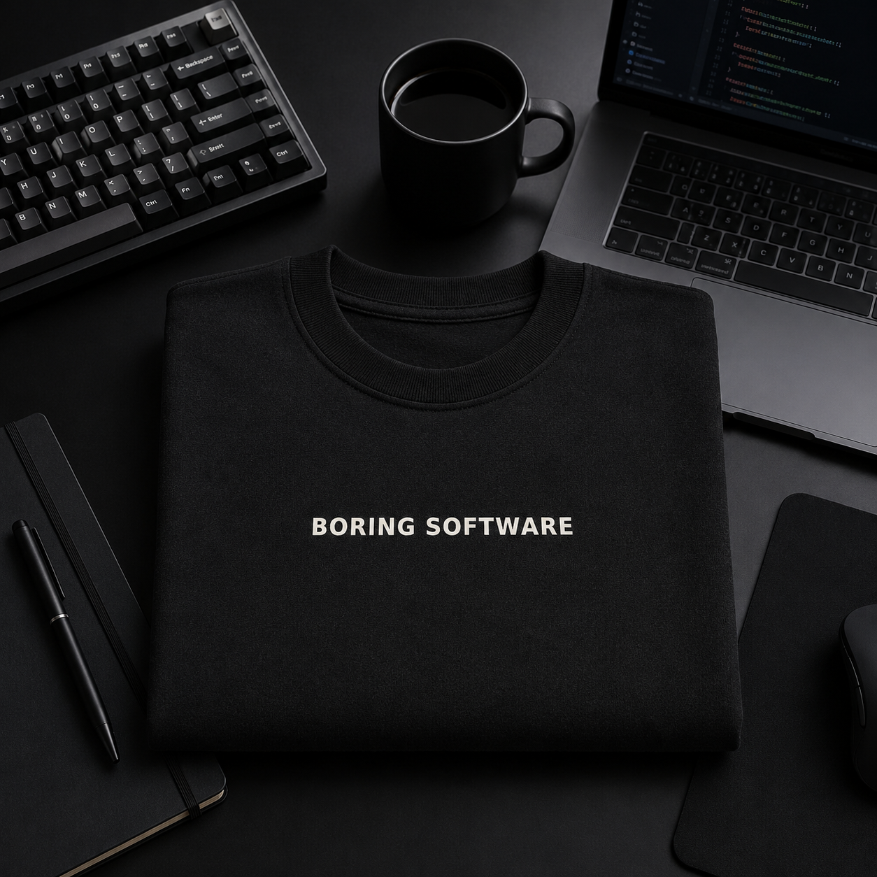 Black sweatshirt with 'BORING SOFTWARE' text on a desk with laptop, keyboard, and mug.