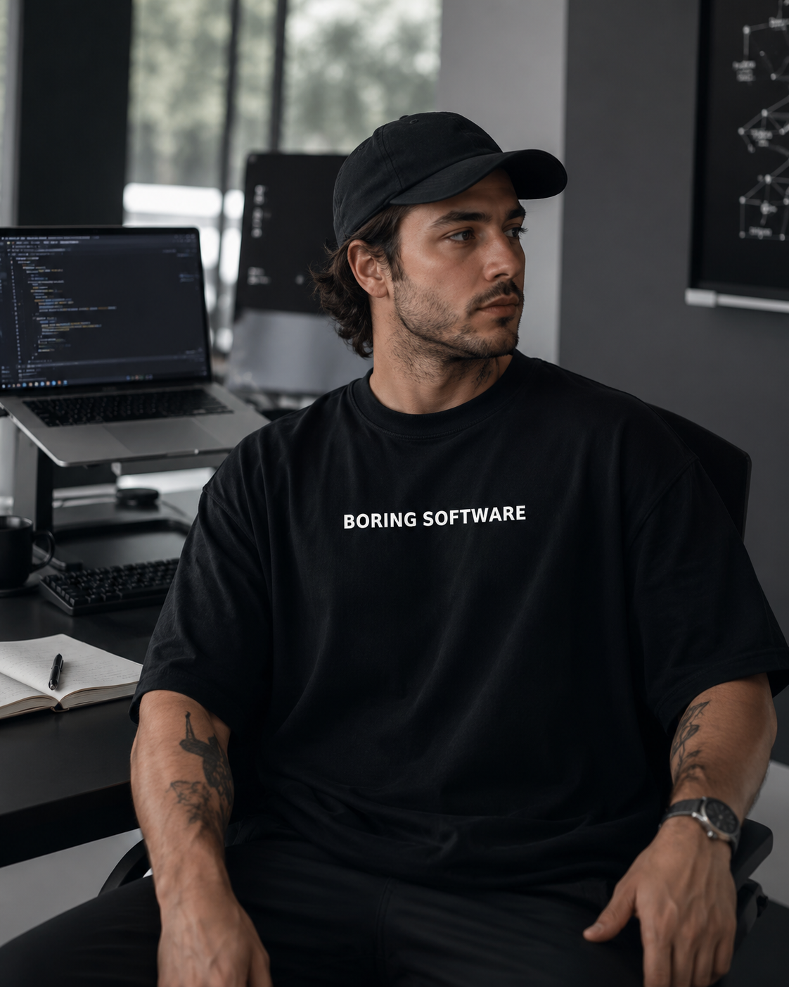 Man wearing a black t-shirt with 'Boring Software' text in an office setting.