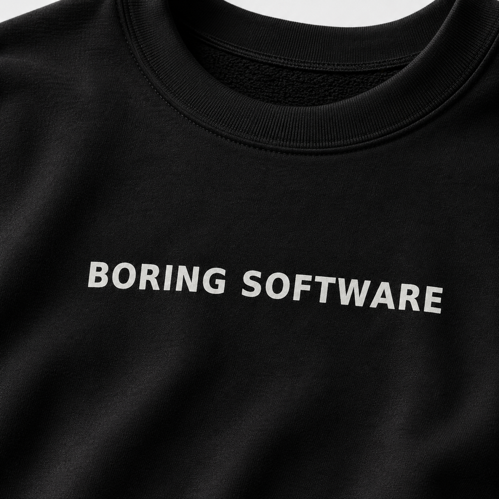 Black t-shirt with 'BORING SOFTWARE' text in white on a plain background