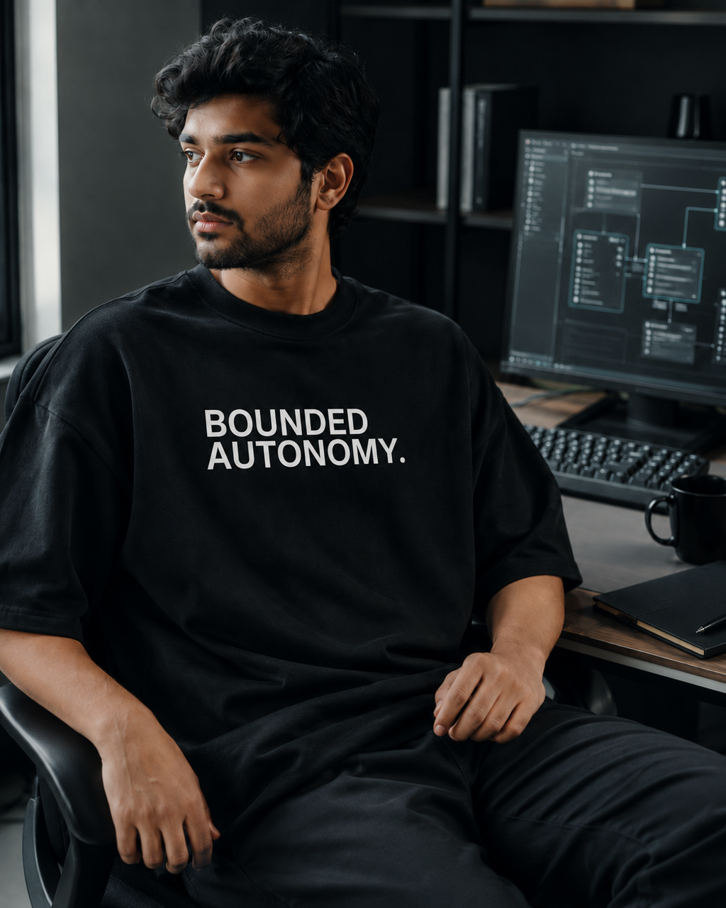 BOUNDED AUTONOMY. black oversized terry t-shirt by BYTWEAR - worn by model
