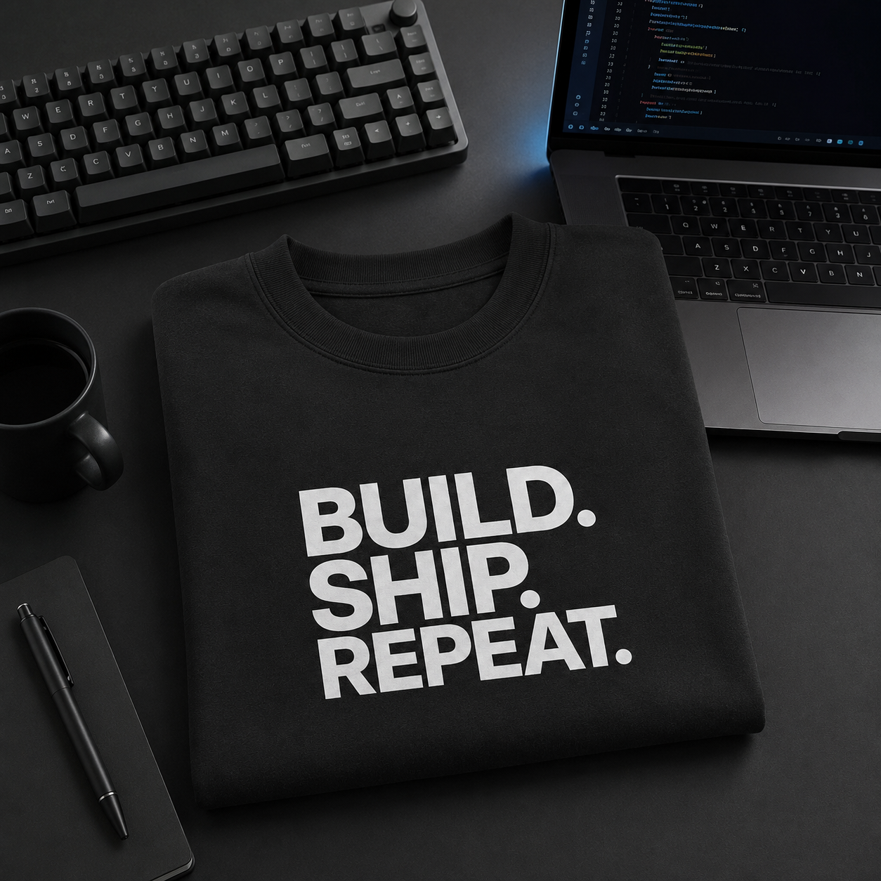 Black t-shirt with 'BUILD. SHIP. REPEAT.' text on a desk with keyboard and laptop.