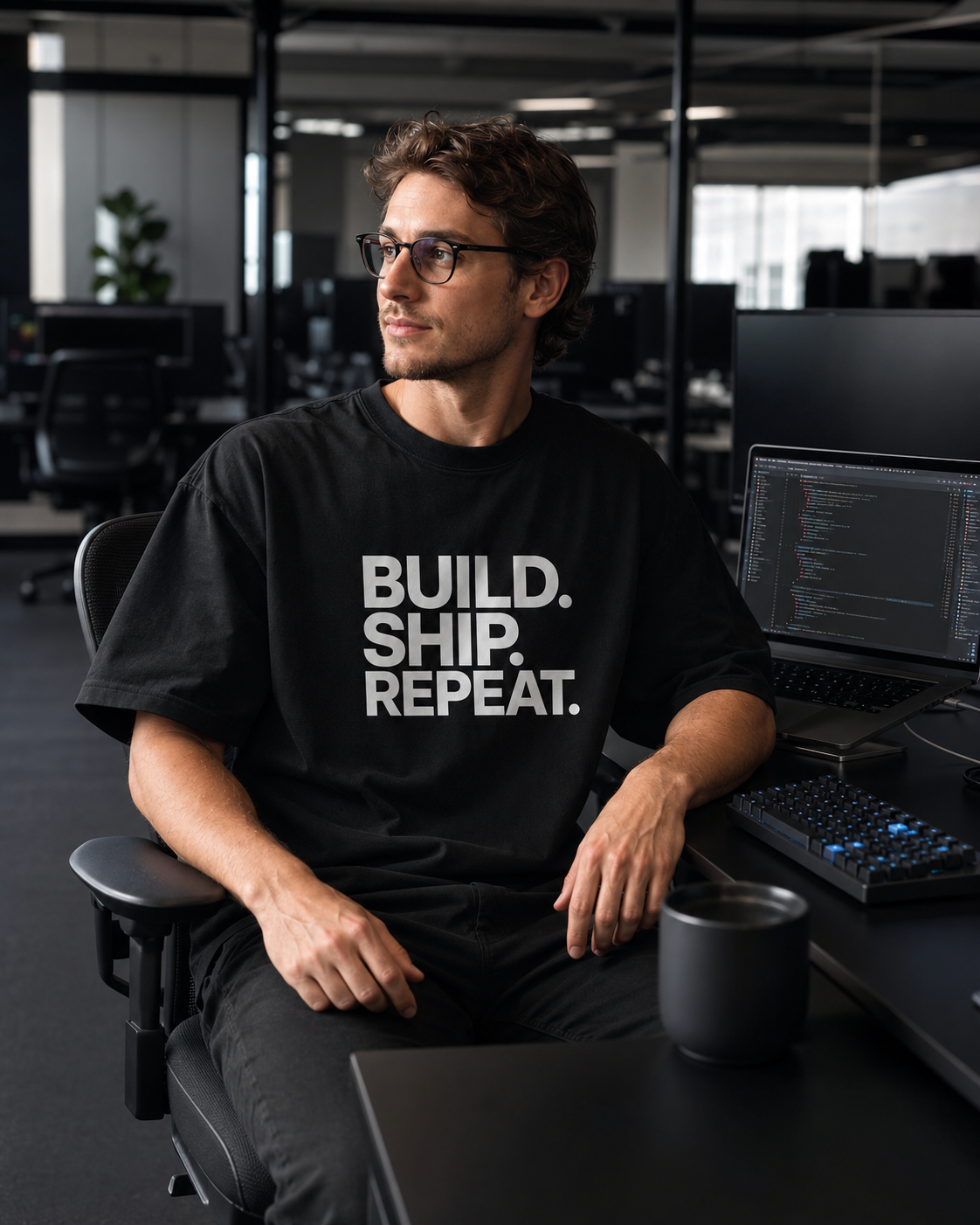 Person wearing a black t-shirt with 'BUILD. SHIP. REPEAT.' text in an office setting.