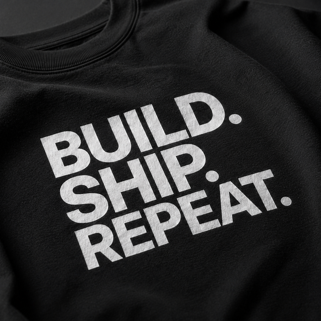 Black sweatshirt with 'BUILD. SHIP. REPEAT.' text in white on a plain background
