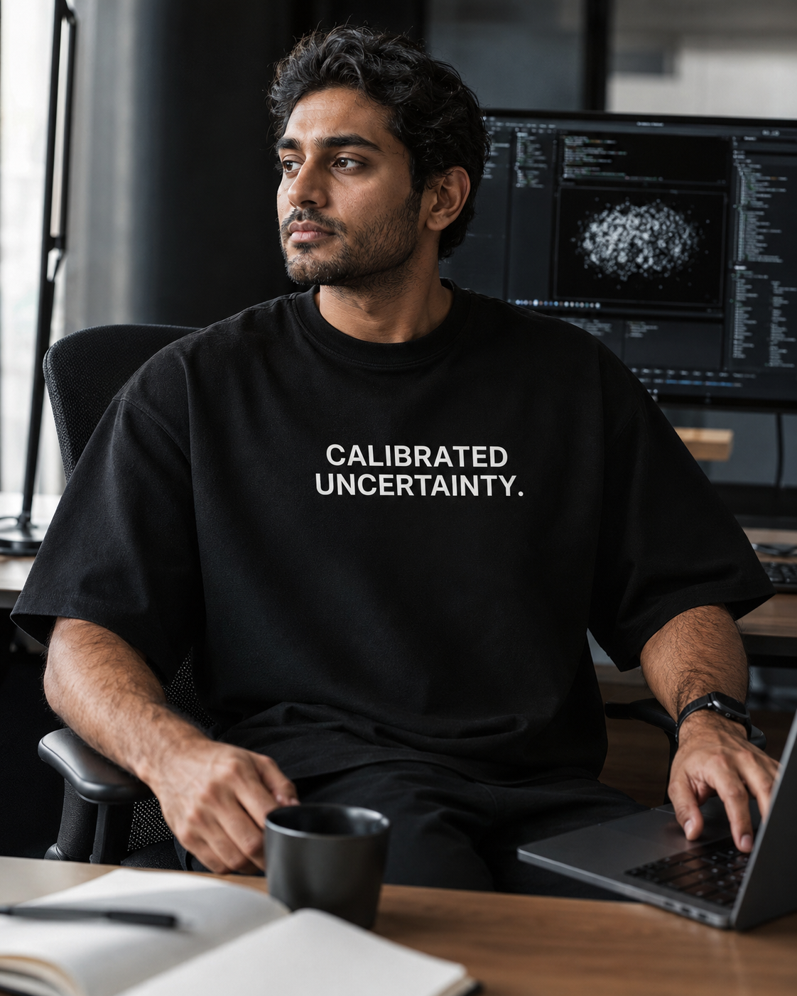 CALIBRATED UNCERTAINTY. black oversized terry t-shirt by BYTWEAR - worn by model in AI research workspace
