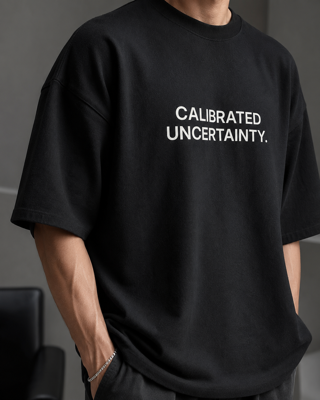 CALIBRATED UNCERTAINTY. black oversized terry t-shirt by BYTWEAR - oversized fit detail