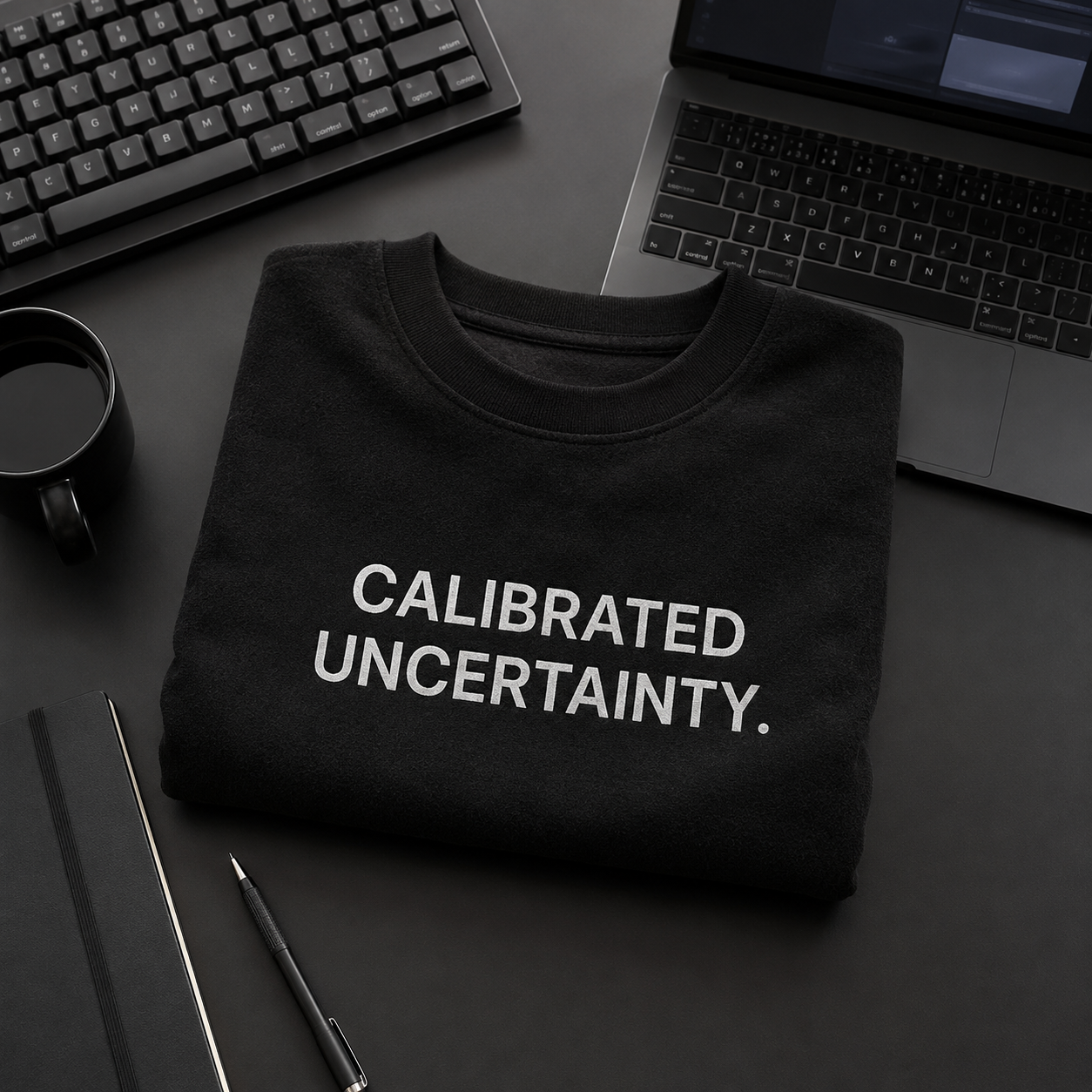 CALIBRATED UNCERTAINTY. black oversized terry t-shirt by BYTWEAR - flat lay on developer desk