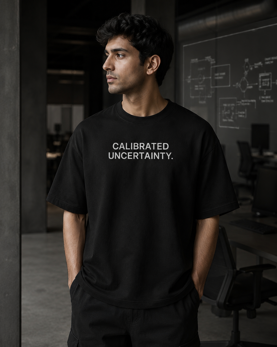 CALIBRATED UNCERTAINTY. black oversized terry t-shirt by BYTWEAR - worn by model