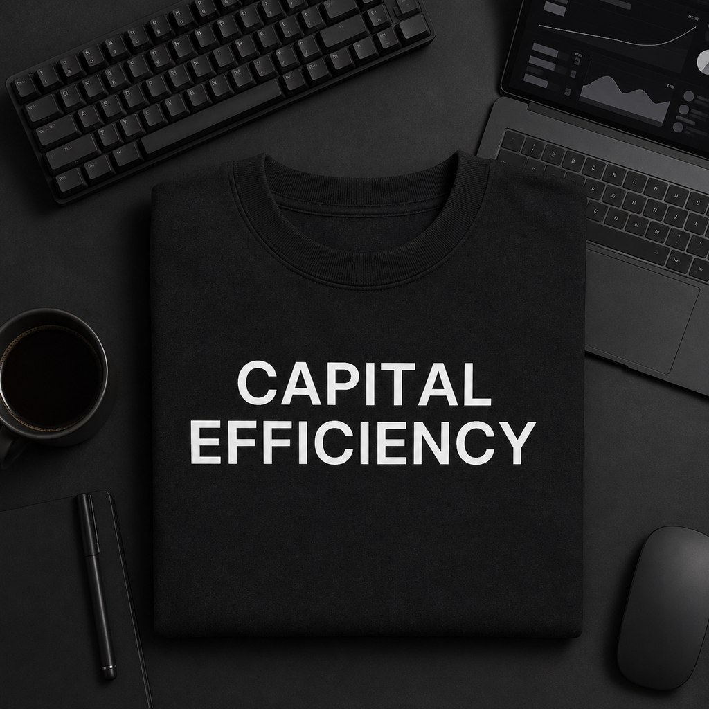 CAPITAL EFFICIENCY black oversized terry t-shirt by BYTWEAR - flat lay on desk