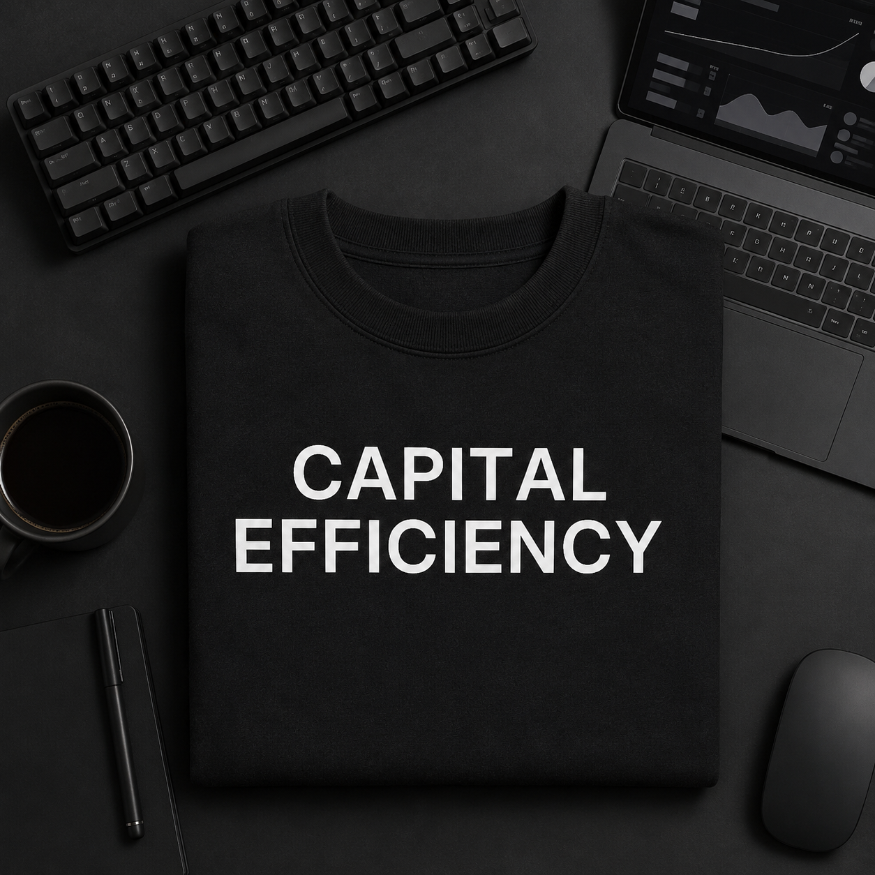 CAPITAL EFFICIENCY black oversized terry t-shirt by BYTWEAR - flat lay on desk