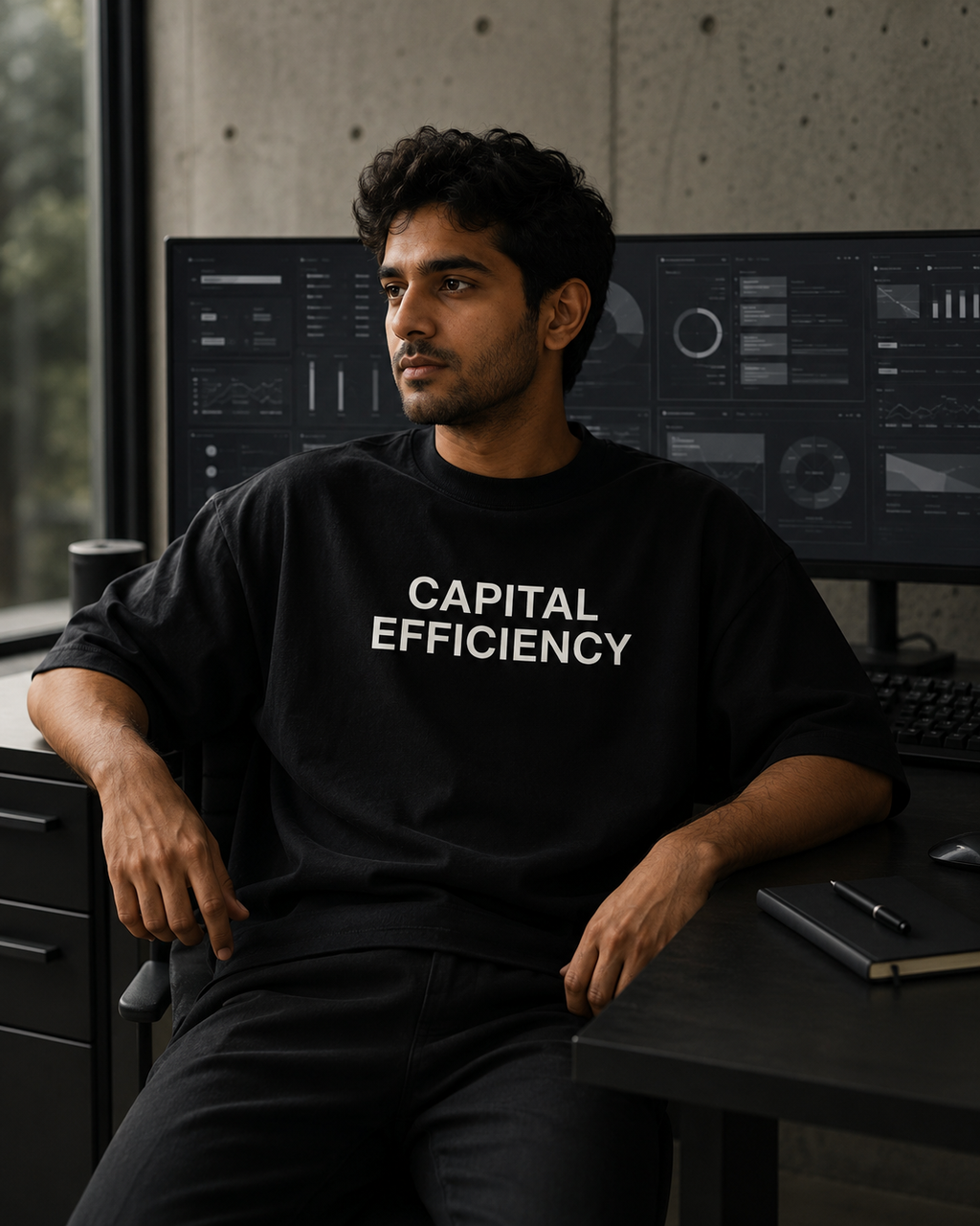 CAPITAL EFFICIENCY black oversized terry t-shirt by BYTWEAR - worn by model