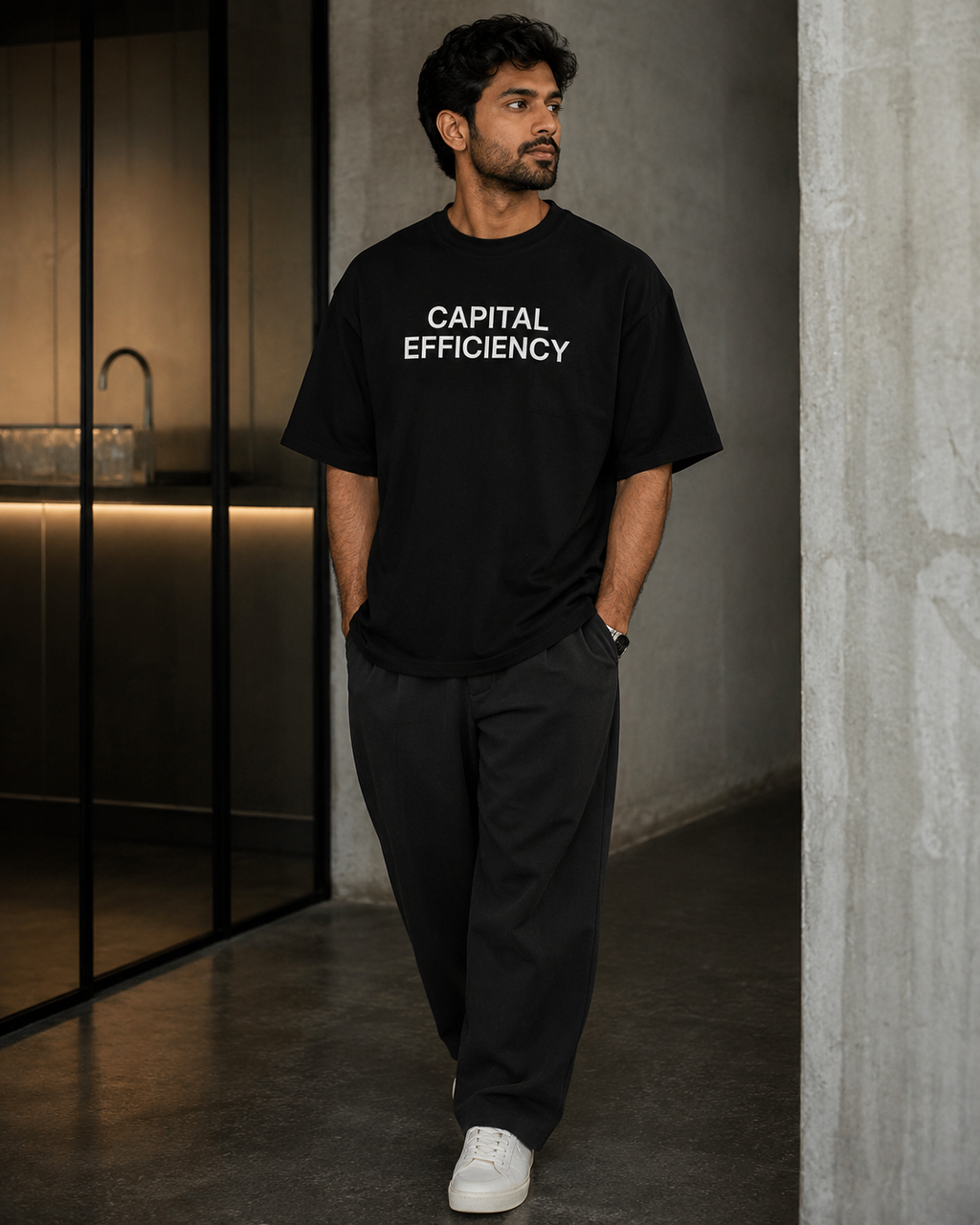 CAPITAL EFFICIENCY black oversized terry t-shirt by BYTWEAR - styled streetwear look