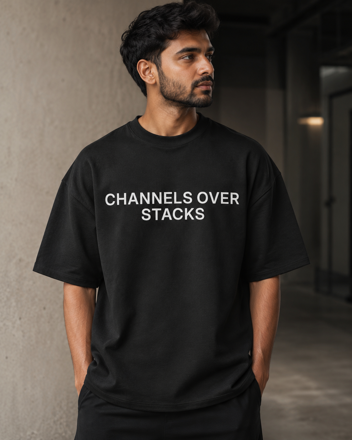 CHANNELS OVER STACKS black oversized terry t-shirt by BYTWEAR - oversized fit detail
