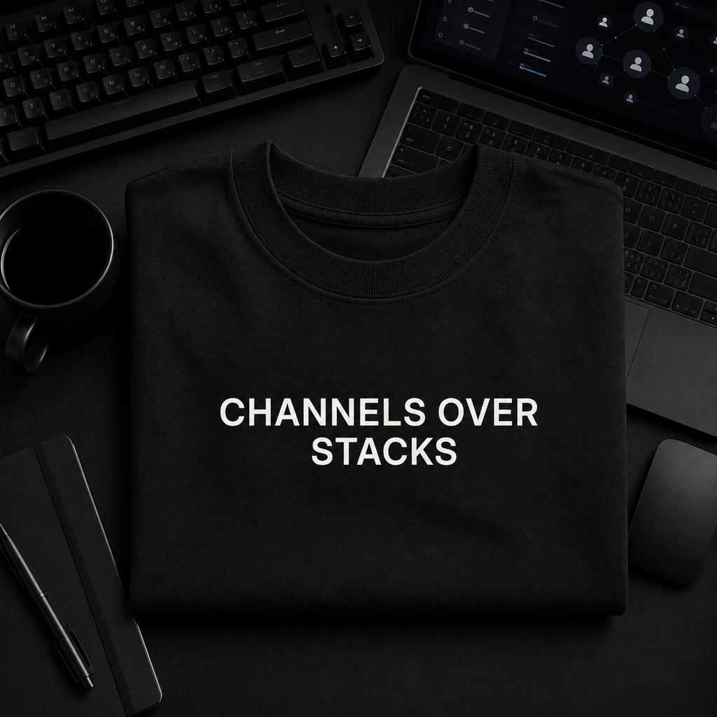 CHANNELS OVER STACKS black oversized terry t-shirt by BYTWEAR - flat lay on desk
