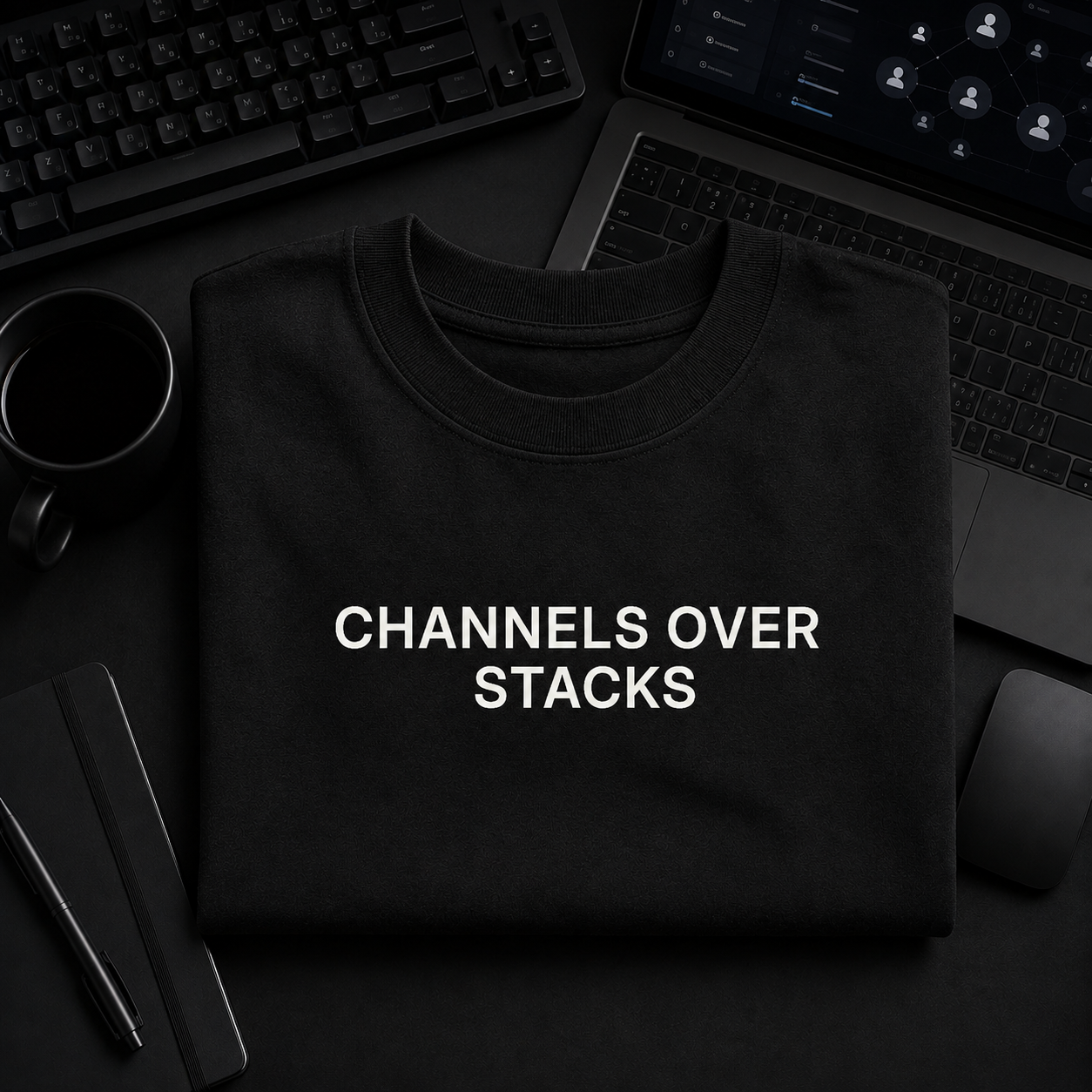 CHANNELS OVER STACKS black oversized terry t-shirt by BYTWEAR - flat lay on desk
