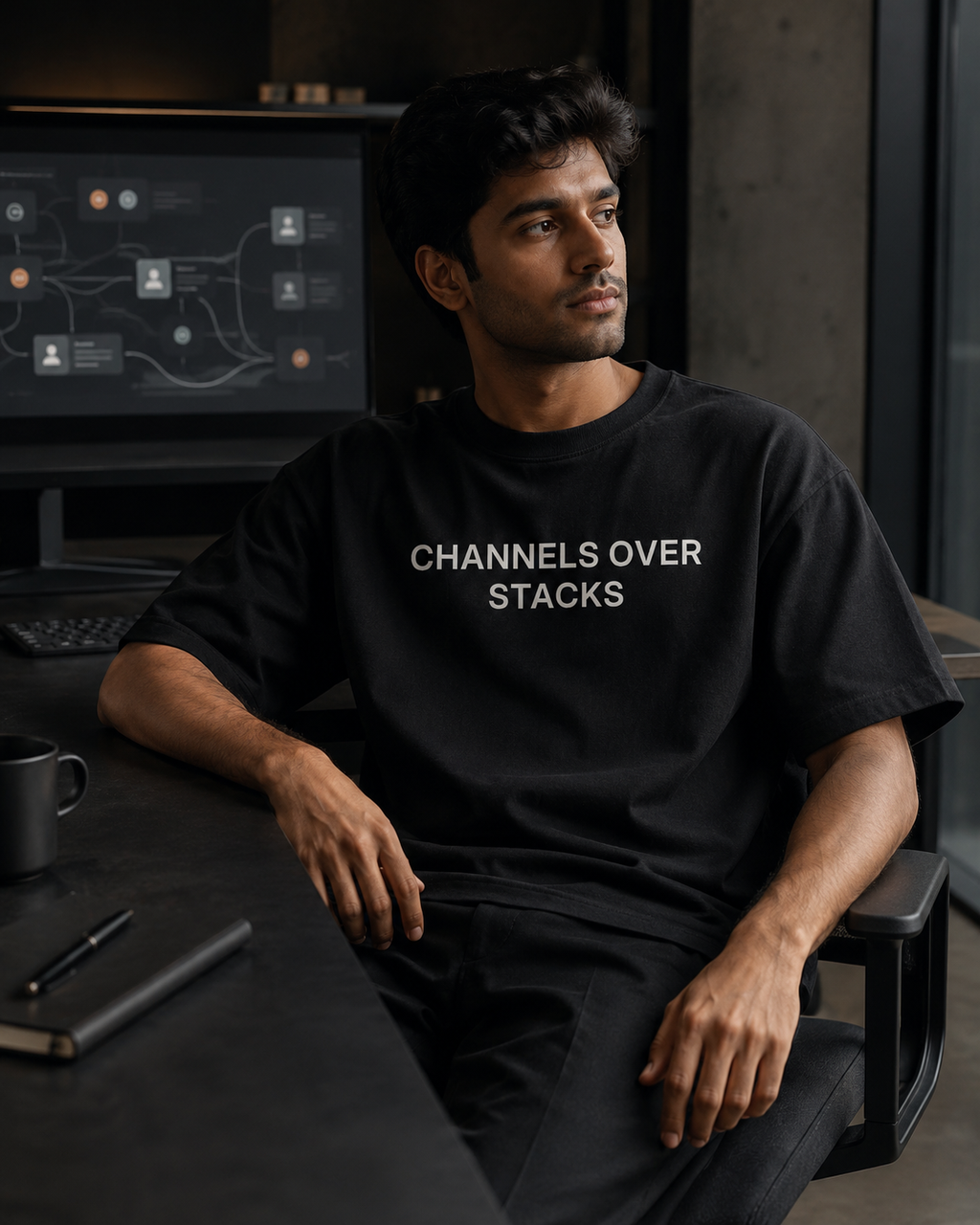 CHANNELS OVER STACKS black oversized terry t-shirt by BYTWEAR - worn by model