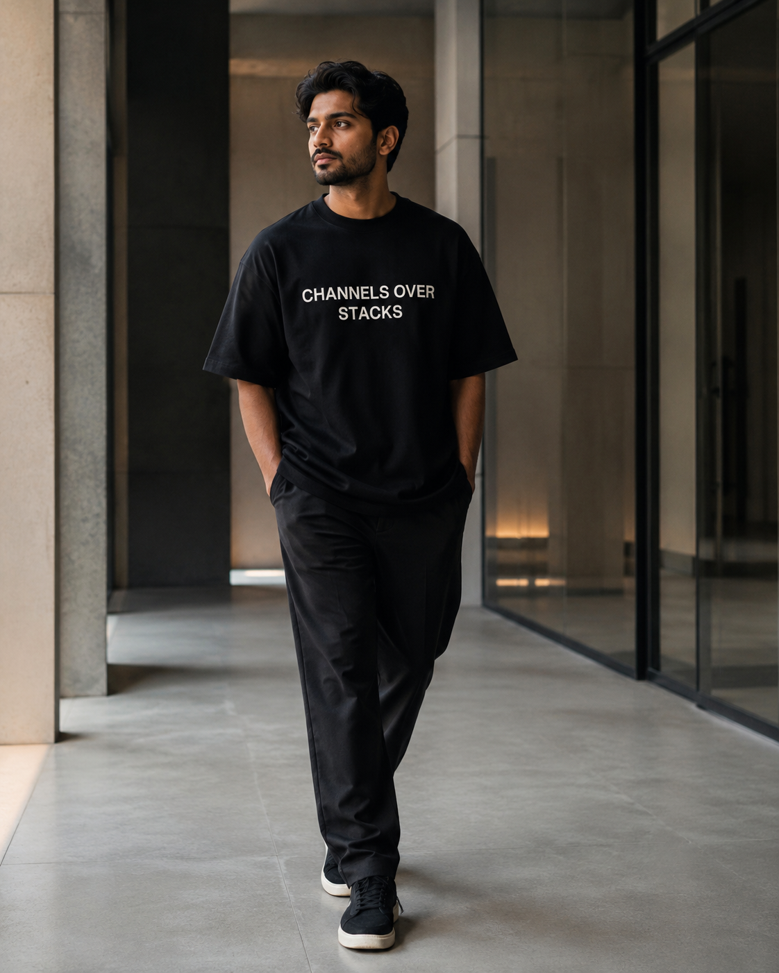 CHANNELS OVER STACKS black oversized terry t-shirt by BYTWEAR - styled streetwear look