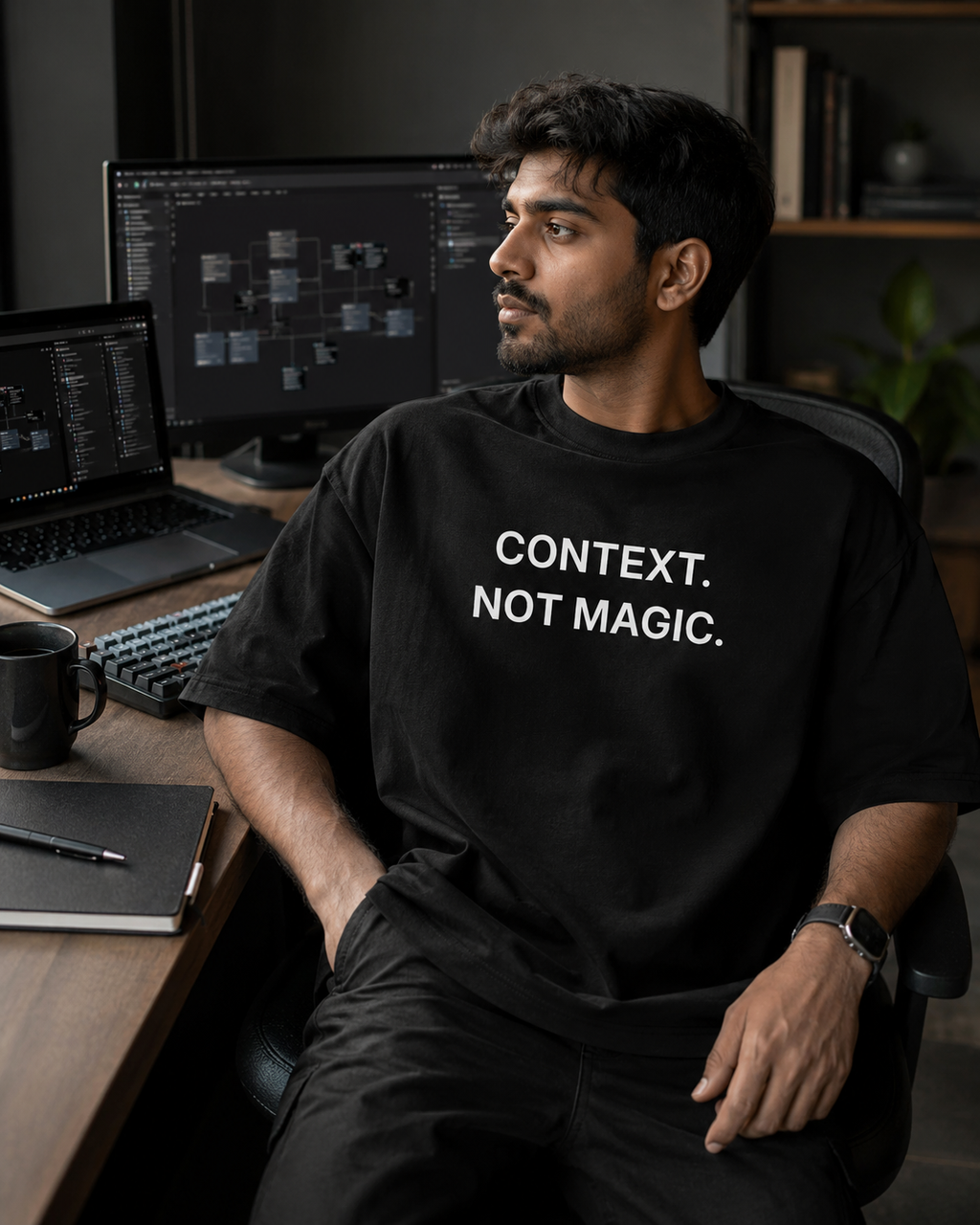 CONTEXT. NOT MAGIC. black oversized terry t-shirt by BYTWEAR - worn by model
