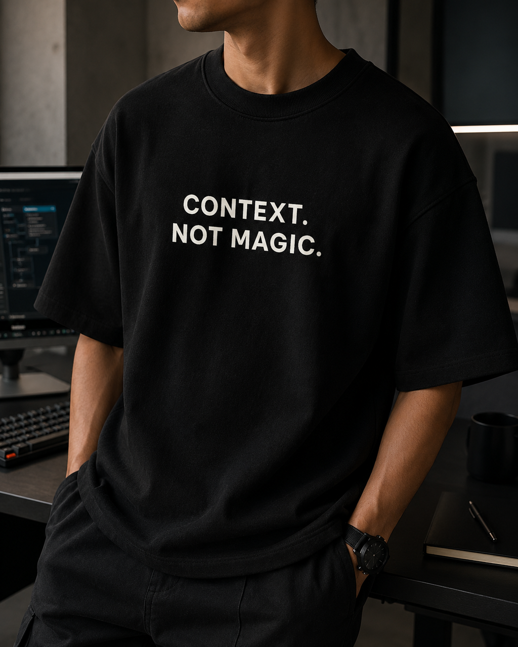 CONTEXT. NOT MAGIC. black oversized terry t-shirt by BYTWEAR - fabric and print detail
