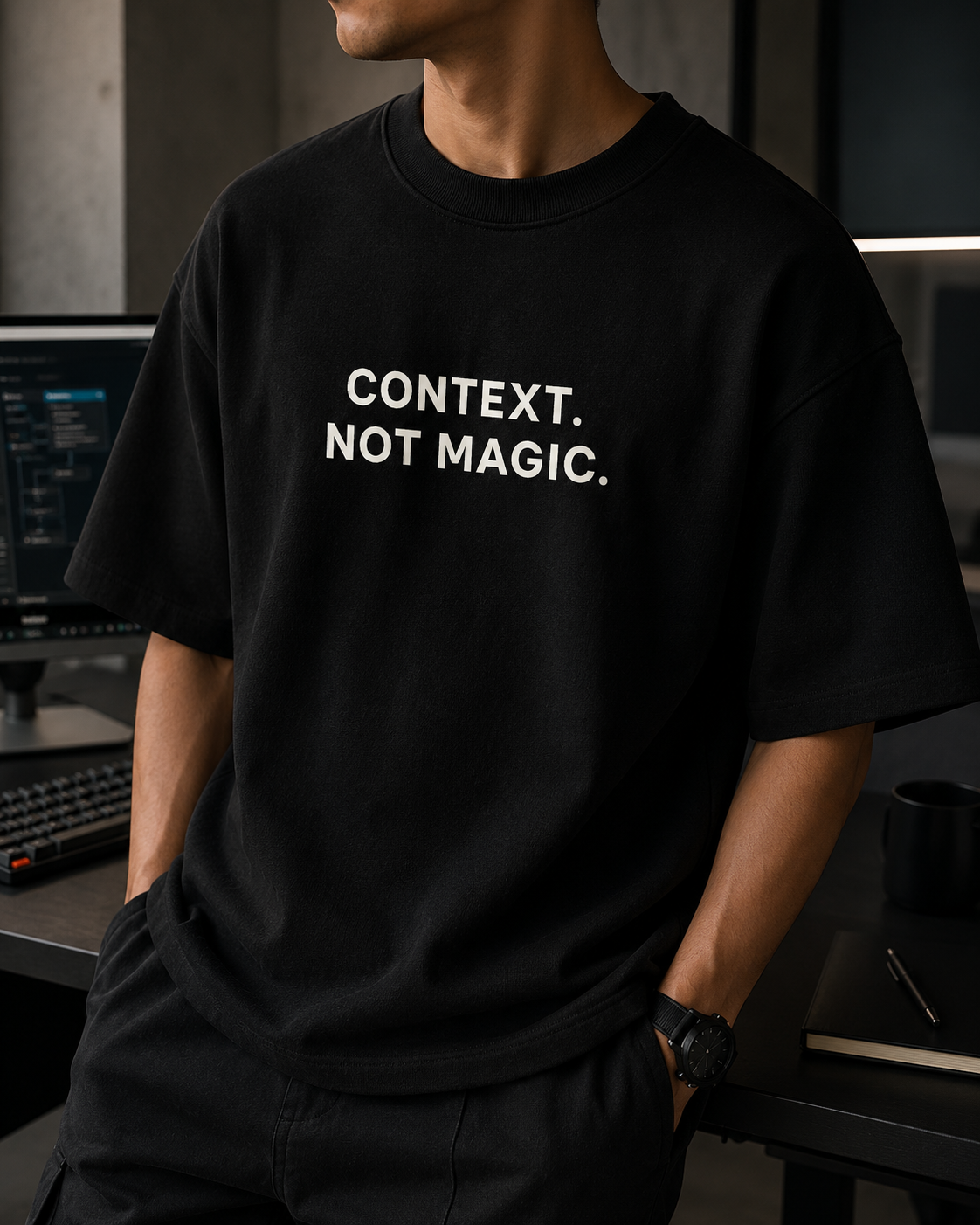 CONTEXT. NOT MAGIC. black oversized terry t-shirt by BYTWEAR - fabric and print detail