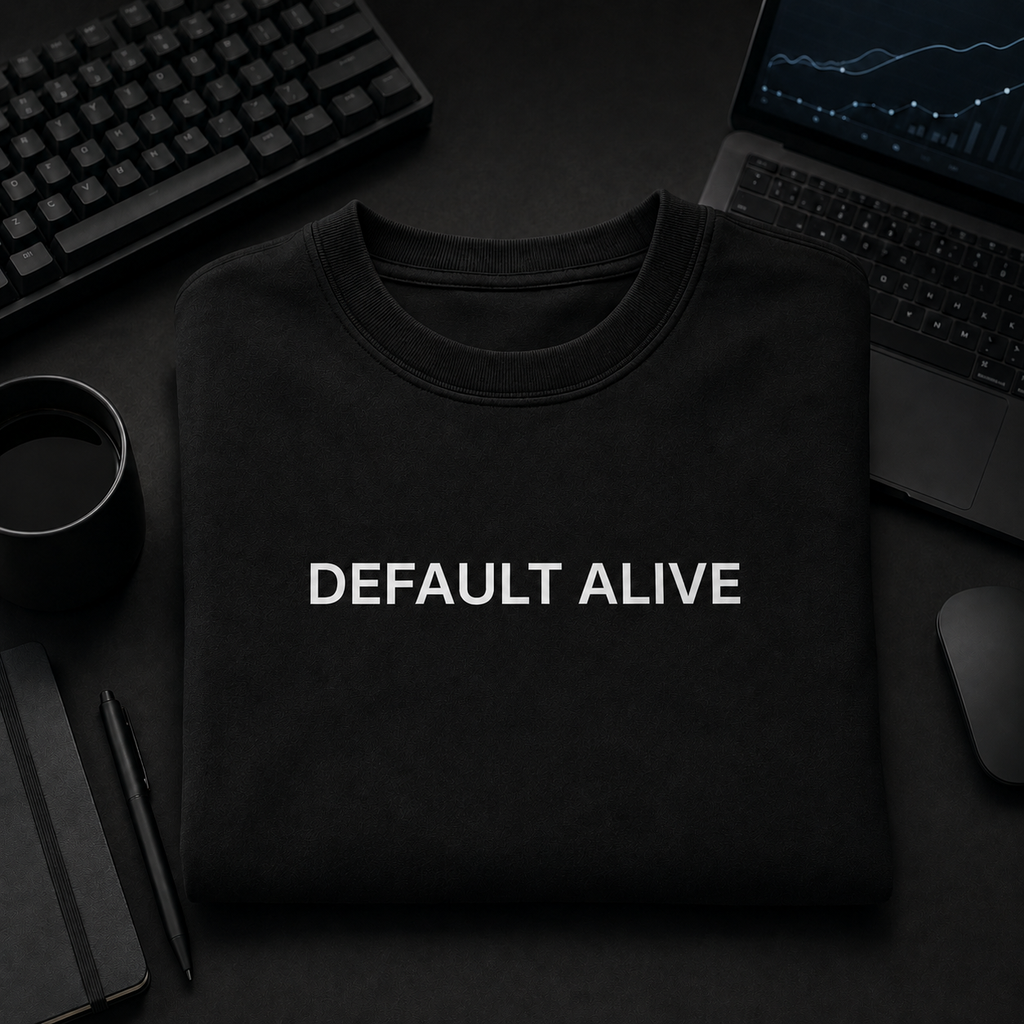 DEFAULT ALIVE black oversized terry t-shirt by BYTWEAR - flat lay on desk