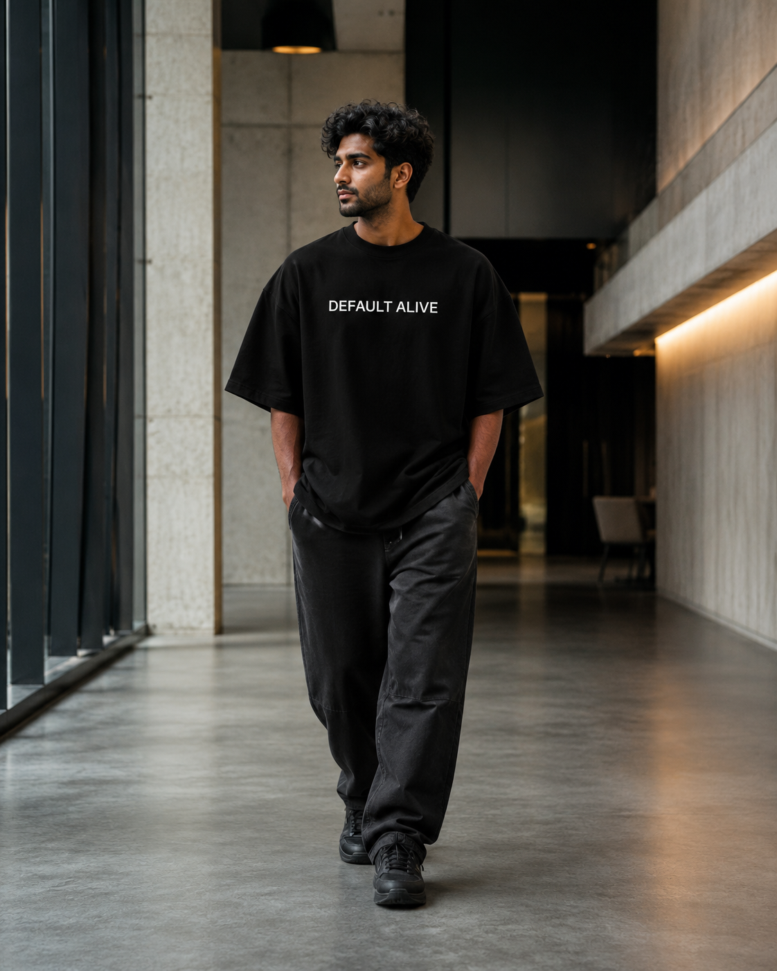 DEFAULT ALIVE black oversized terry t-shirt by BYTWEAR - styled streetwear look