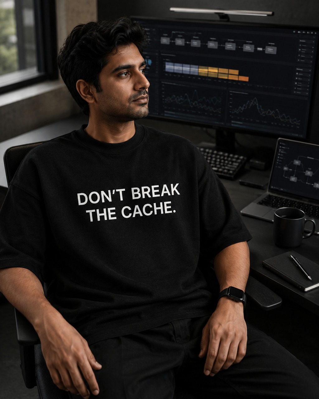 DON'T BREAK THE CACHE. black oversized terry t-shirt by BYTWEAR - worn by model in AI workspace