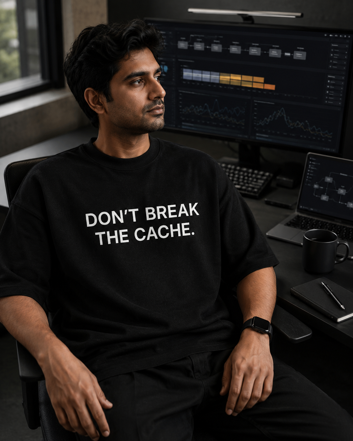 DON'T BREAK THE CACHE. black oversized terry t-shirt by BYTWEAR - worn by model in AI workspace