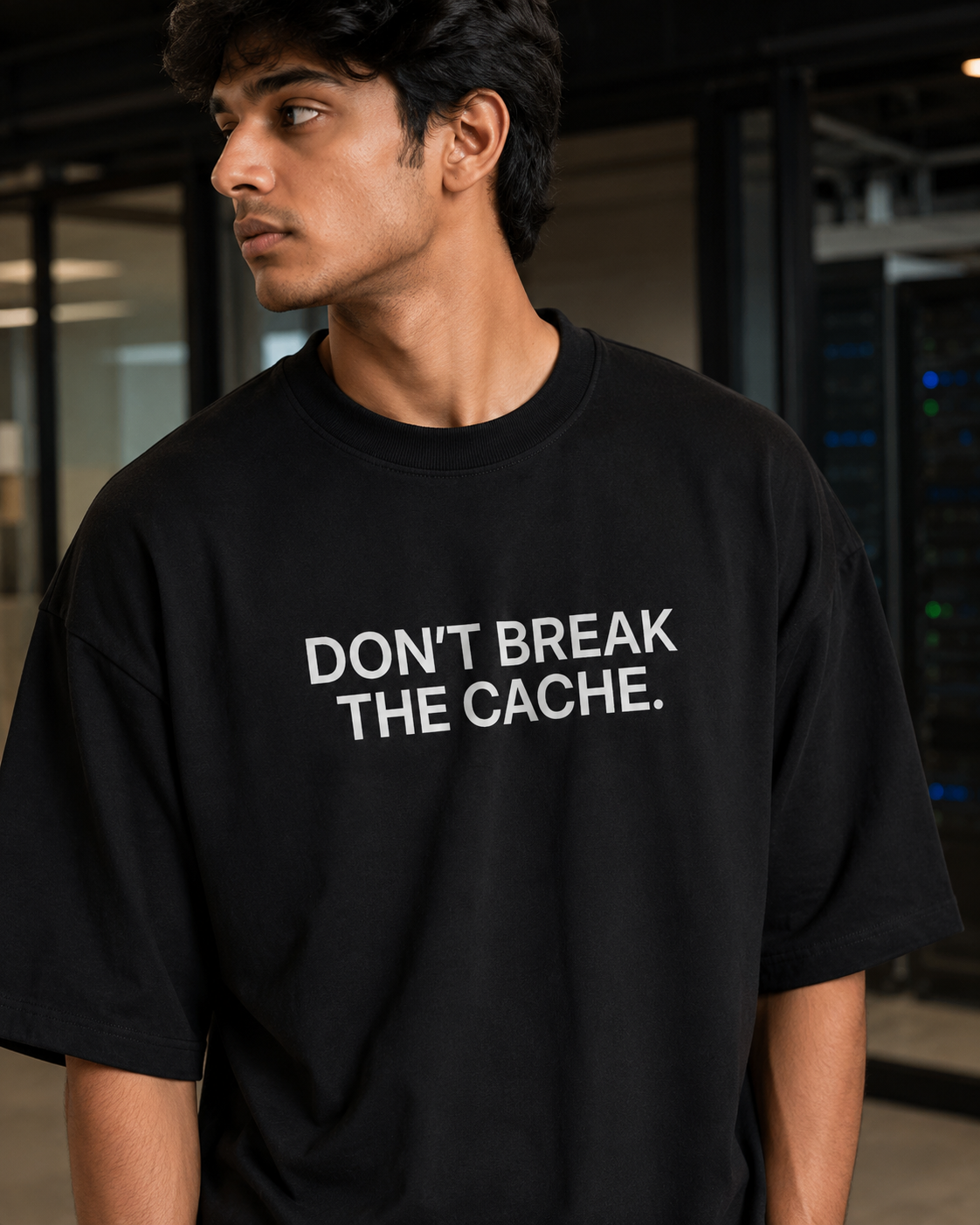 DON'T BREAK THE CACHE. black oversized terry t-shirt by BYTWEAR - oversized fit detail