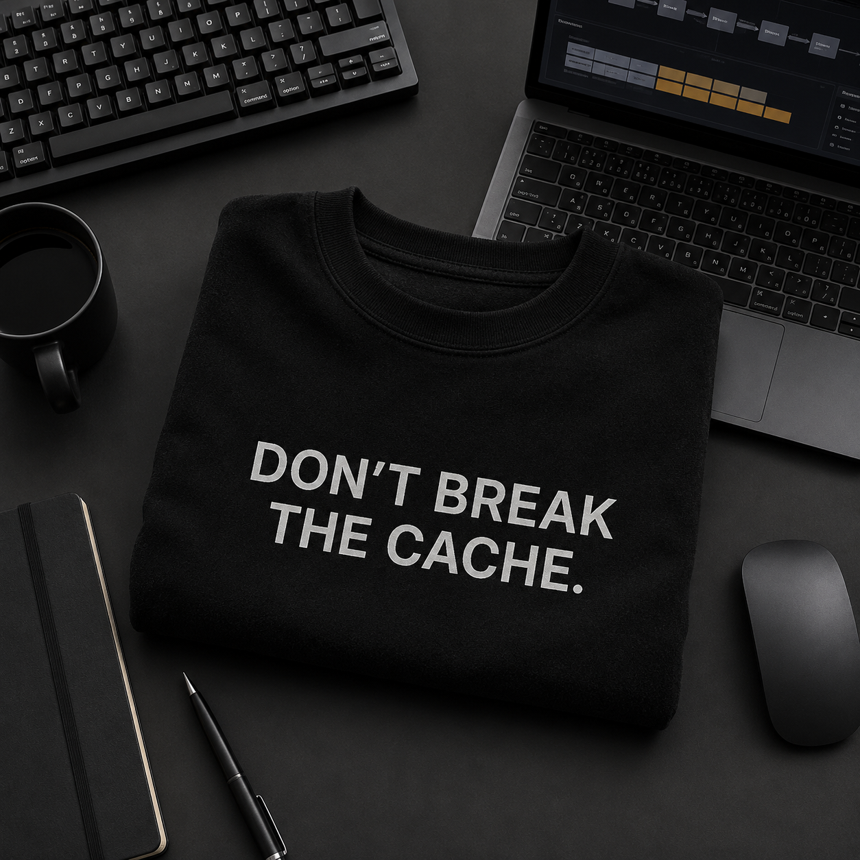 DON'T BREAK THE CACHE. black oversized terry t-shirt by BYTWEAR - flat lay on developer desk