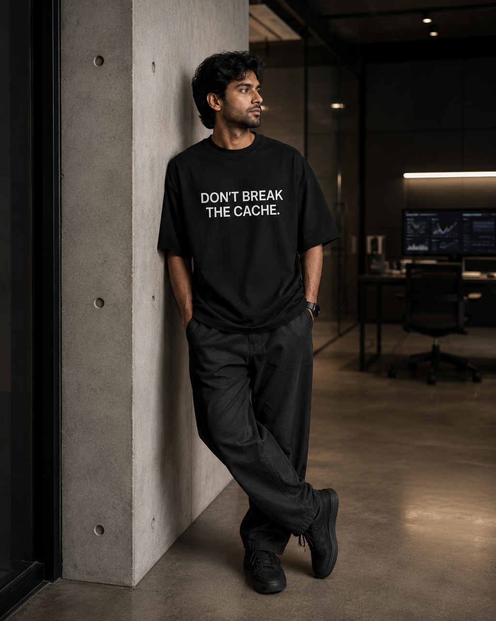 DON'T BREAK THE CACHE. black oversized terry t-shirt by BYTWEAR - worn by model