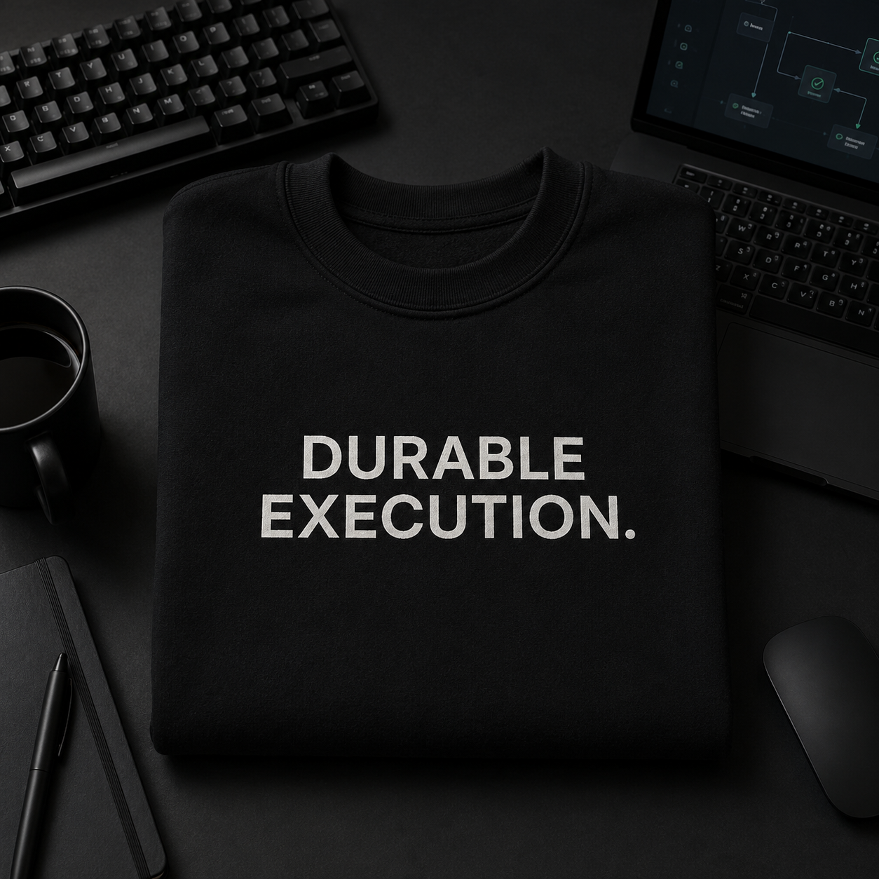 DURABLE EXECUTION. black oversized terry t-shirt by BYTWEAR - flat lay on developer desk
