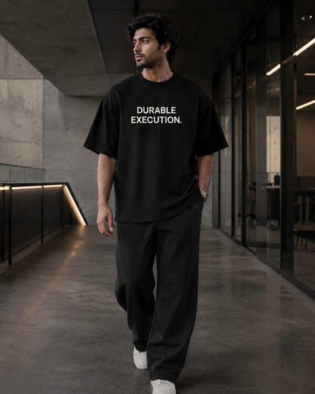 DURABLE EXECUTION. black oversized terry t-shirt by BYTWEAR - worn by model