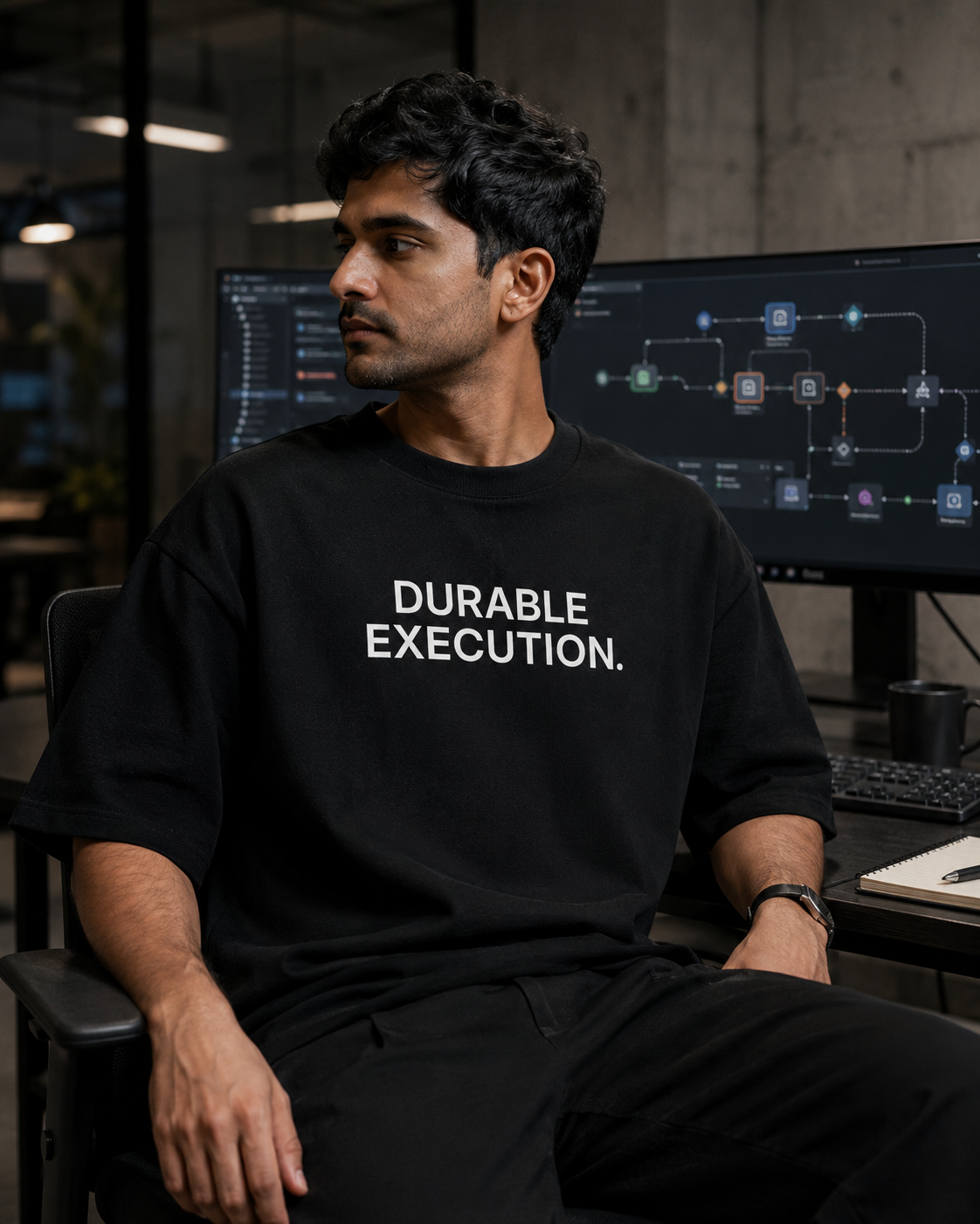 DURABLE EXECUTION. black oversized terry t-shirt by BYTWEAR - worn by model in AI workspace
