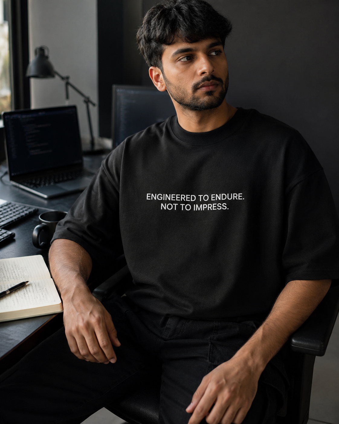 ENGINEERED TO ENDURE. NOT TO IMPRESS. black oversized terry t-shirt by BYTWEAR - worn by model