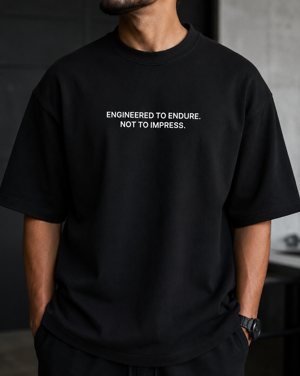 ENGINEERED TO ENDURE. NOT TO IMPRESS. black oversized terry t-shirt by BYTWEAR - fabric and print detail